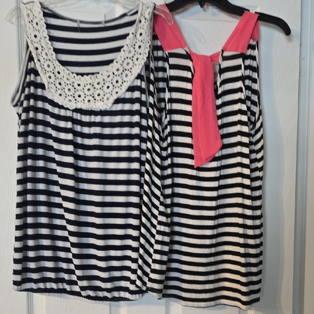 Striped Women's Tops with Lace and Pink Accent